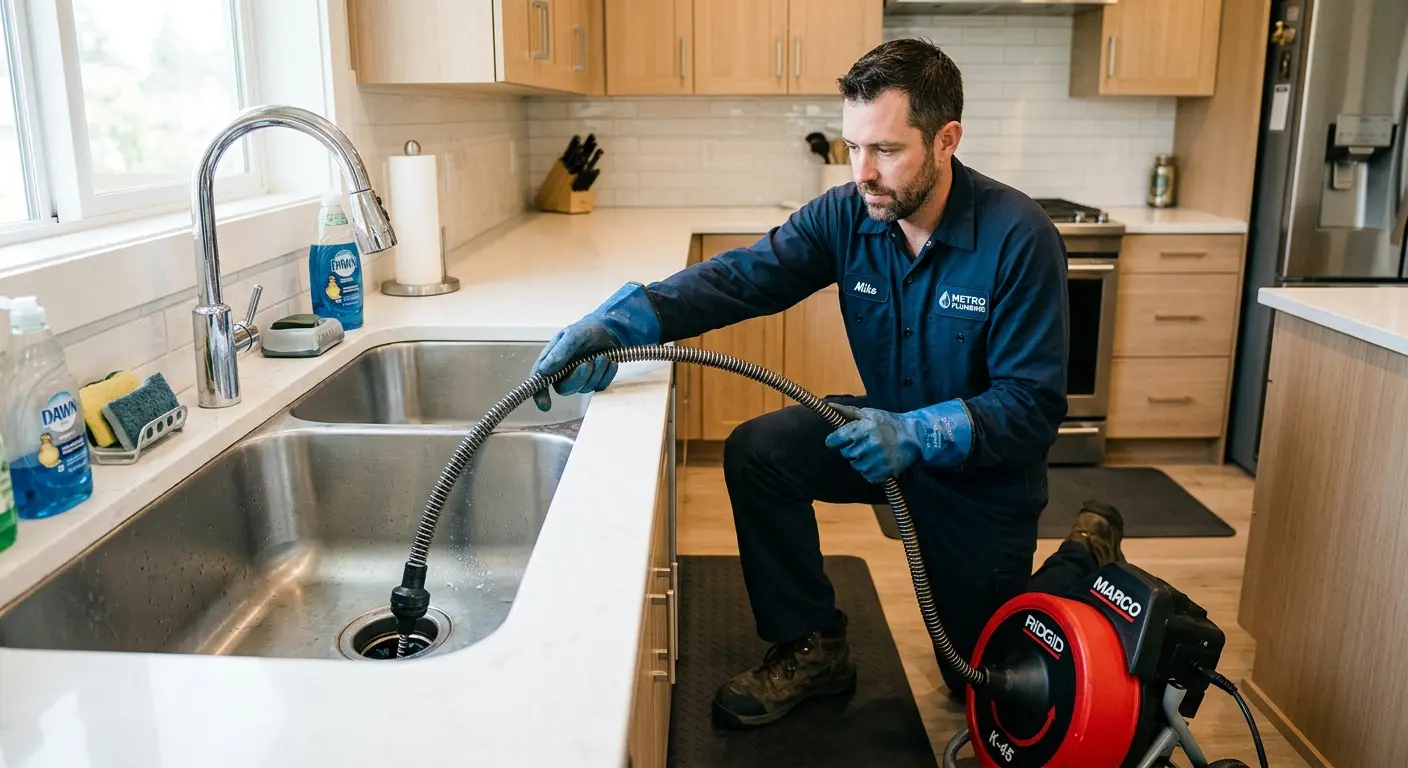 Drain cleaning technician using a motorized snake on a kitchen sink in Gulf Gate