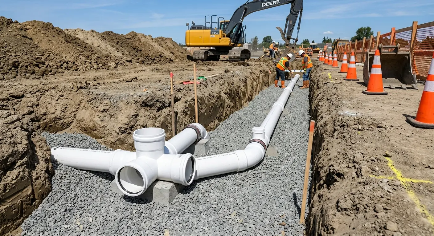 New PVC sewer pipe installation in open trench for Sewer Backup in Gulf Gate
