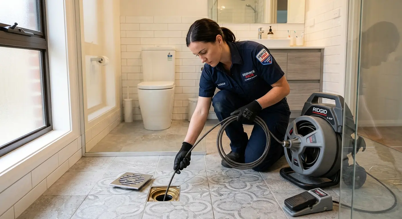 Technician clearing a bathroom floor drain for Hydro Jetting in Gulf Gate